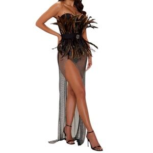 Fashion Nova Strapless Black‎ & Brown Nova Luxe Life Feather Fetish Maxi Dress